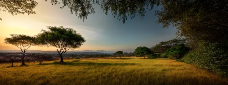 trees in a field with a sunset in the background