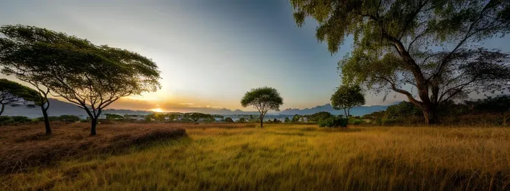 trees in a field with a sunset in the background