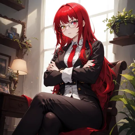 masterpiece, best quality, 1girl,(heterochromia, yellow eyes,red eyes), glasses,red hair,suit,crossed arms, crossed legs,