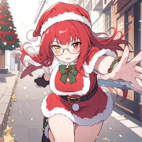 masterpiece, best quality, 1girl,(heterochromia, red eyes,yellow eyes), glasses,red hair,santa,running,