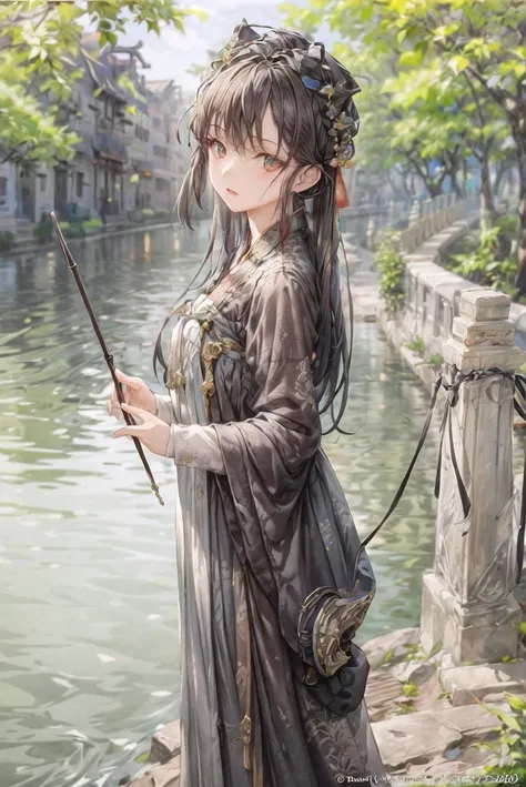 (masterpiece, top quality, best quality, official art, beautiful and aesthetic:1.2), 1girl, solo, long black hair, hanfu, looking at viewer,  cowboy shot, standing by the river, (chinese town:1.4), water, <lora:add_detail:1.1>,  <lora:tangStyle17:0.75>