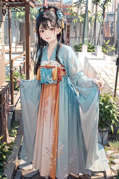 best quality,masterpiece,rich details,in the bamboo forest,1girl,teen,glamor,large breasts,black eyes,closed  mouth,multicolored hair,long hair,straight hair,swept bangs,hanfu,tang style outfits,<lora:hanfuTang_v35:0.7>,cyan blue upper shan,orange long upp...