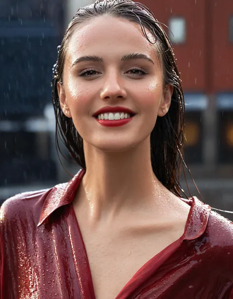 a woman with a red shirt and a red lip is standing in the rain in a city street with buildings, Christen Dalsgaard, fashion photography, a photorealistic painting, art deco
masterpiece, best quality, depth of field, backlighting, intricate details,  <lora:...