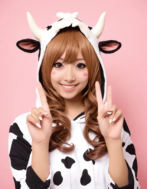 a girl in a cow costume with a hoodie on her head and a cow on her head, standing in front of a pink background, Ay-O, kawaii,  makeup, gyaru, tan, tanned skin, smile,   remodernism,   photography art, cosplay photoshoot, head close-up, contact lens, peace...