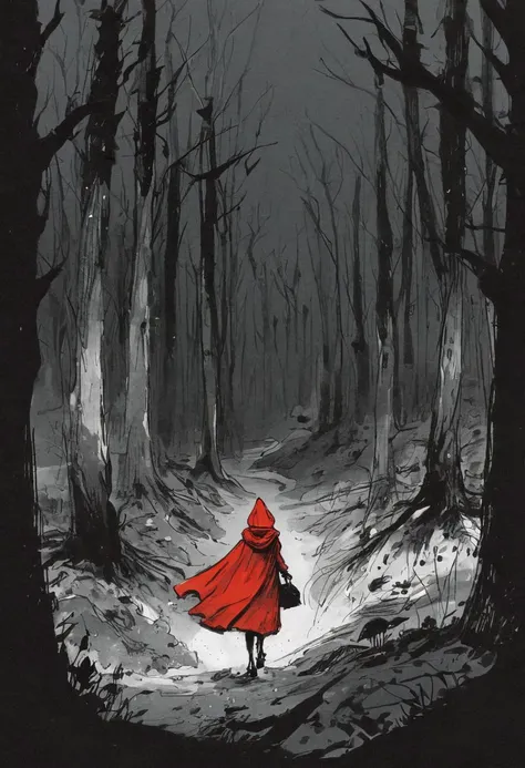 ink illustration, gloomy scene of Little Red Riding Hood walking through the dark woods, the womans red cape and hood are the only splashes of color, ink splashes, rough ink sketch