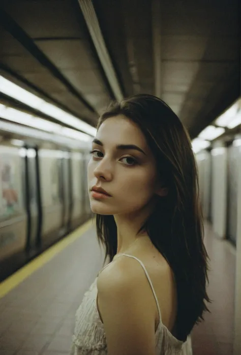 analog photo of a beautiful girl in subway station, in the style of Alessio Albi, (looking at viewer)