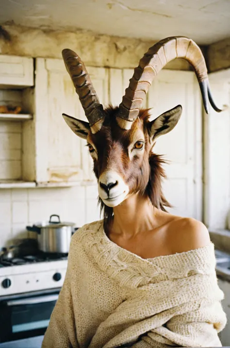 analog photography aesthetic,film grain texture, detailed closeup (to be defined),(ibex  wearing  crown),J.M.W. Turner,The Earthen Soul,spontaneous portraiture,on a post-apocalyptic kitchen,off-the-shoulder cream sweater loosely draped over her left should...