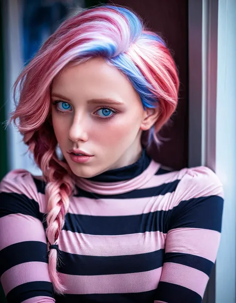 a woman with pink hair and blue eyes posing for a picture , Elsa Bleda, soft lights, a photorealistic photography, art photography, long sleeves, striped, 
masterpiece, best quality,  intricate,   <lora:SDXLHighDetail_v5:0.7>