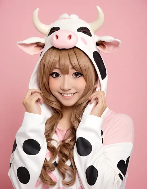 a girl in a cow costume with a hoodie on her head and a cow on her head, standing in front of a pink background, Ay-O, kawaii,  makeup, gyaru, tan, tanned skin, smile,   remodernism,   photography art, cosplay photoshoot, head close-up, contact lens, 
mast...