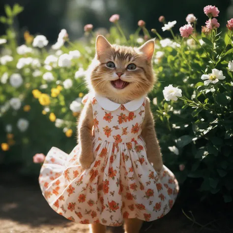 A shy sweet little cat girl in a flowery summer dress grinning in a sunny garden, tries to catch small butterflies, plush, fluffy, adorable, Hyperdetailed Photography, cinematic, best quality, ultra-detailed,   Diffraction Grading, elegant, kodachrome, eth...