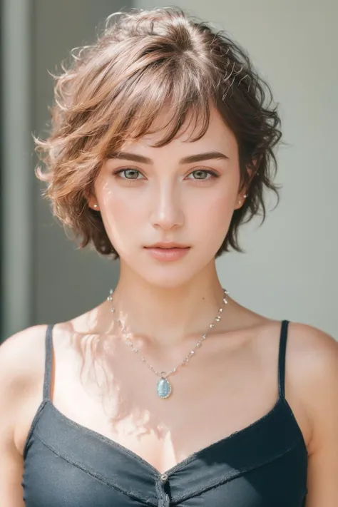 <lora:FilmGirl2:0.65>, photography, beautiful 1girl, offshoulder, fluffy short hair, (natural skin texture, realistic eyes, detailed face), (photorealistic, raw photo:1.2), cold light, 50mm lens, Best quality, masterpiece, necklace, (cleavage:0.75)