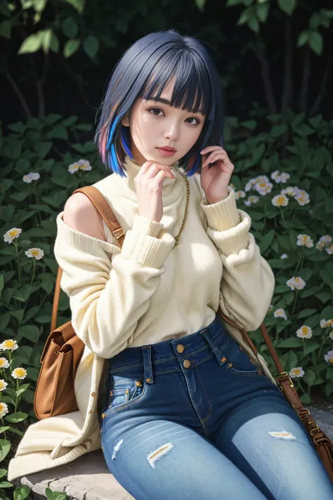 (masterpiece, best quality),Ouro Kronii with short multicolored hair sitting in a field of green plants and flowers, her hand under her chin, warm lighting, breasts, pants, bag, sweater, coat, turtleneck, denim, jeans, handbag, turtleneck sweater, high-wai...