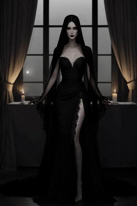 a beautiful goth woman. tall, age 35, slim, brooding. long flowing dress, veiled. background is dark, candlelight, moon through window.