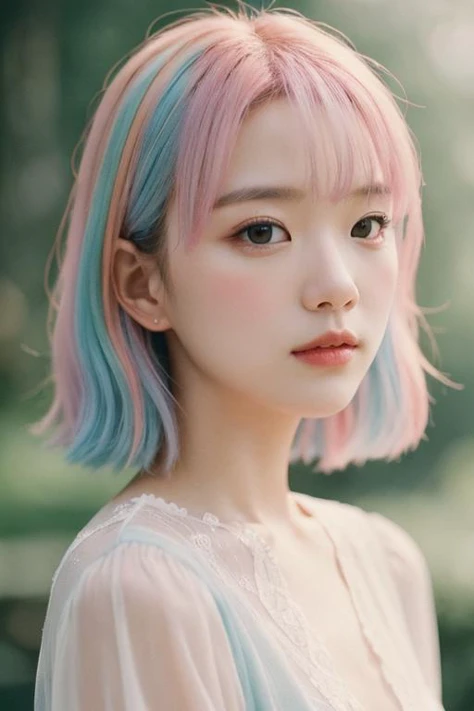 1girl,
Floral motifs, luminous skin, enchanting gaze, embellished attire, natural lighting,  shallow depth of field, romantic setting, dreamy pastel palette, whimsical details, captured on film,multi colored hair