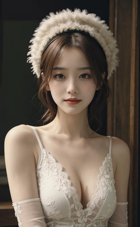 masterpiece, best quality, 1girl, solo, sexy pose, pensive woman, voluminous dress, intricate lace, embroidered gloves, feathered hat, curled hairdo, pale skin, minimal makeup, tender smile, dainty neckline, nostalgic atmosphere, still life