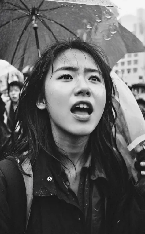 leogirl, 1girl, realistic photography, <lora:add-detail-xl:0.3>, 
A young female activist shouting angrily directly into the camera at a protest. Rain pouring down their face distorts their features, conveying outrage and passion. The diffuse natural light...