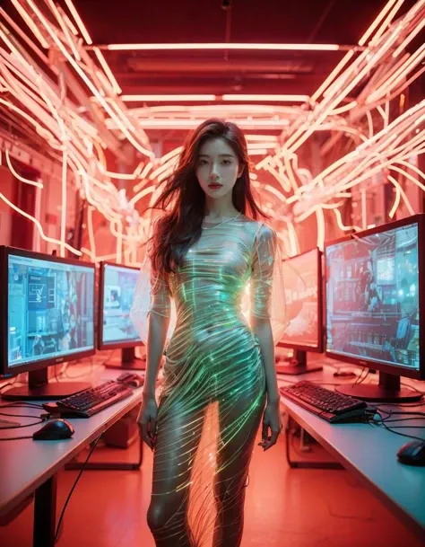 Surrounded by a digital symphony, the girl stands as the nucleus of a technological cosmos. Wires extend like lifelines, connecting the intricate circuitry of computers to various parts of her body, creating a symbiotic dance of human and machine. An aura ...