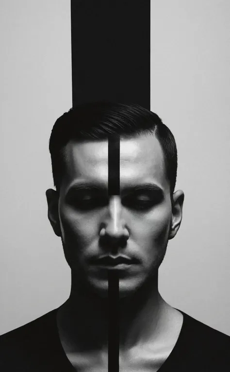 abstract male portrait, monochrome color palette, distorted facial features, upper body, geometric patterns, evokes feelings of defiance and strength