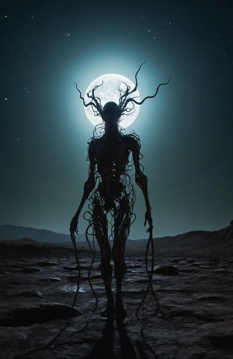 In a desolate,moonlit landscape,a lone figure emerges,their silhouette contorted and grotesque against the eerie glow. Closer inspection reveals a fusion of organic and mechanical elementsâsinister tendrils of pulsating flesh intertwining with cold,metal...