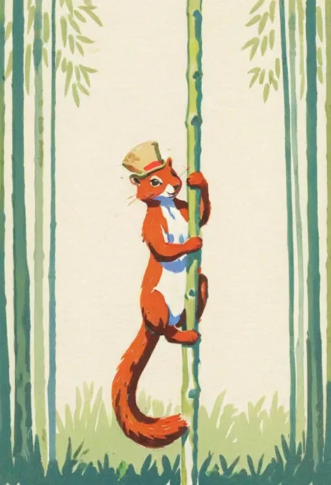 illustration, on a white background, empty background, of a squirrel wearing a hat in a bamboo forest, pole dance, (art by Andrew Ferez)
<lora:Bichro-XL:1>