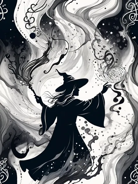 A wizard casting a spell, the magic emanating from his staff swirling into an ink spectacle that encompasses ancient runes and symbols, depicted in a graphic novel style <lora:EnvyInkSwirlXL01:1> <lora:EnvyBetterHiresFixXL01:0:hr=1>