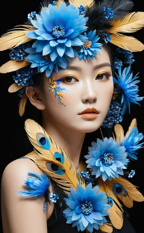 colorful phenex feathers| blue flowers | 1girl face,product introduction photo,popular Korean makeup,aegyo sal,an airbrush painting,(high quality:1.2),(best quality:1.2),(masterpiece:1.2),official art,official wallpaper,surreal,sharp focus,(intricate:1.03)...