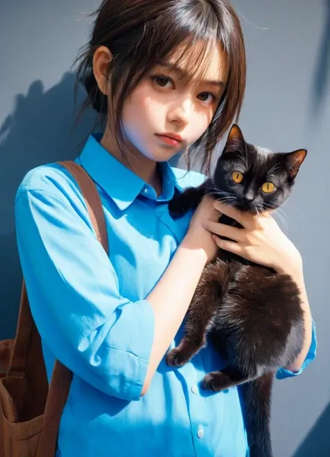 anime girl in a blue shirt is holding a cat, background full color, highly detailed, sharp focus, intricate, innocent, expressive, dynamic light, elegant, strong dramatic cinematic colors, aesthetic, very inspirational, glowing, vibrant, ambient, professio...