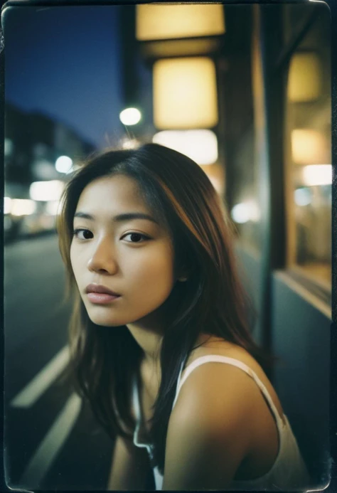 a 22yo thai woman, (beautiful face,exquisite face,skin texture:1.2), (ultra-wide angle:1.3), half body portrait from side, watching window, (masterpiece,best quality,ultra high res:1.2),(photo-realistic:1.3),tokyo street, night, dark mood, polaroid color s...