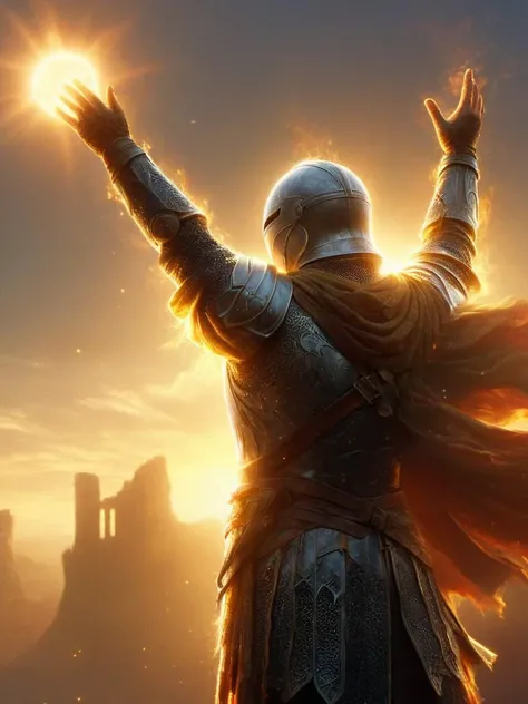 depiction of a knight wearing a white cloth a ral-dissolve praising the ral-sun while reaching for the sky is getting a bit to close while praising, lost hope, a journey with a bad end, <lora:ral-sun:.9> <lora:ral-dissolve:0.3>