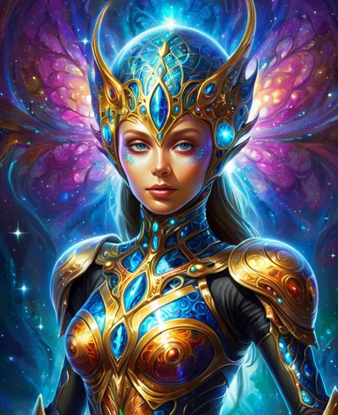 oil painting, high quality, beautiful alien girl in sparkling space armor, adorned with the vibrant hues of the glowing limbs swirls of fractal perfection, psychedelic schizophrenia