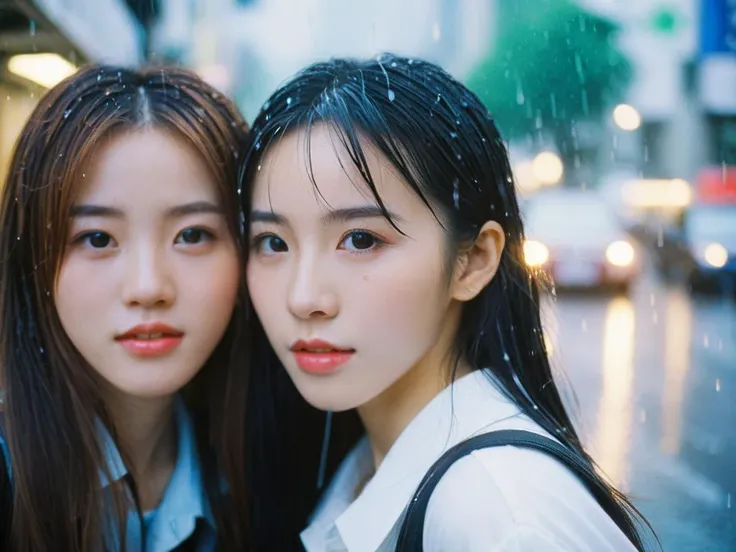 film grain,letterboxed, blurry, depth_of_field, 2girls, cheek to cheek,bokeh,  long_hair, looking_at_viewer, (rain:1.0),korean idol,Seoul streets,student,masterpiece, best quality