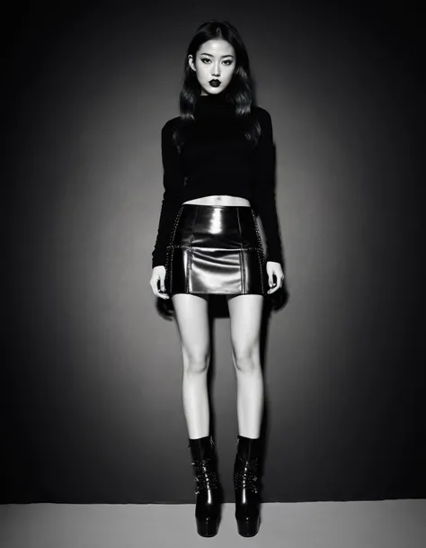 professional monochrome photograph of a 18 year old fashion model by  Daido Moriyama wearing miniskirt and  toeless high heel boots,  bold lines, hyper detailed, dark limited palette, chiaroscuro,  (intricate details, masterpiece, best quality:1.4), mesmer...