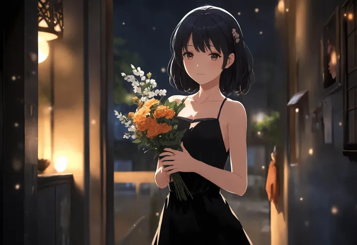 1girl,8k wallpaper,extremely detailed figure,amazing beauty,detailed characters,indoor,black dress,holding flowers,light and shadow,depth of field,light spot,reflection,upper body,nigth,street,. anime style,key visual,vibrant,studio anime,highly detailed,