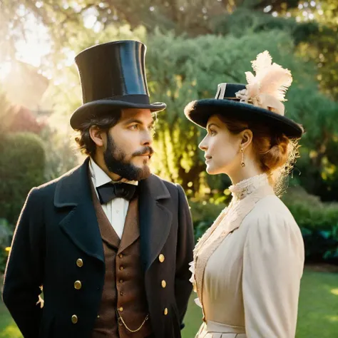 analog photography aesthetic,natural light, portrait closeup of a man with a short beard wearing a tophat and woman in victorian upper class period clothes facing each other (looking at the camera:1.2) standing in a garden surrounded by trees, movie poster...