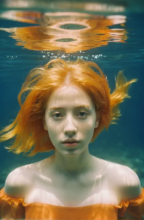 1girl, underwater, afloat, soft natural lighting, orange hair, off-shoulder dress, aesthetic, film grain texture,analog photography aesthetic,visual storytelling, dynamic composition,looking at viewer,eye contact,