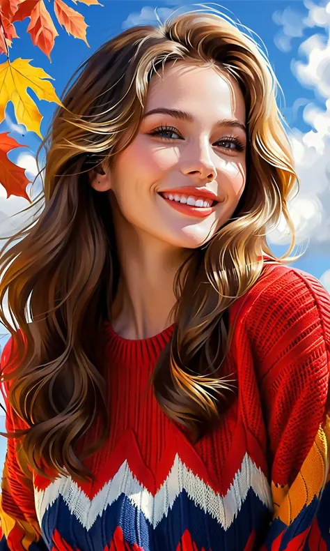 Exquisite digital illustration of a pretty woman with a nice smile, striking a daring and sexy pose under the autumn sky, wearing a colorful red sweater, with medium wavy hair and natural color lips, depicted in masterpiece-level detail and perfect dynamic...