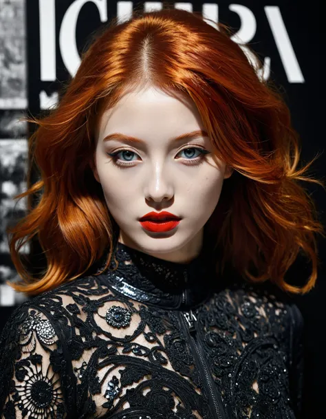 a close up of a woman with red hair and a black dress