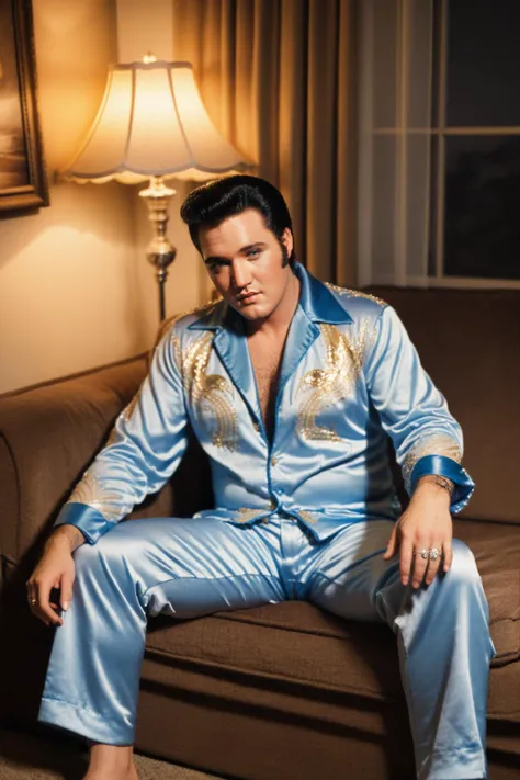 realistic, hyperdetailed photography (full body photo) fat elvis presley, skin details, brunette, grayish blue eyes, long unkempt hair sitting on a couch in a cozy home wearing satin pajamas medium sized chest evening lighting