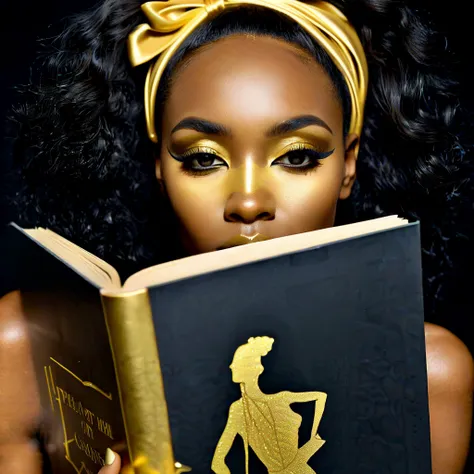 closeup of a black woman, soft gold eye-shadow, soft gold lipstick, gold nail polish, black background. (her face is almost hidden behind a book:1.95)


Fantasy style, dreamlike art,