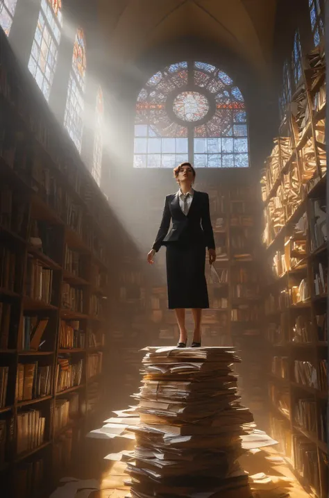 A strikingly elegant woman dressed in a tailored suit (stands atop a massive bookshelf) amidst towering stacks of papers, as sunlight streams through a stained glass window casting a kaleidoscopic glow on her enigmatic expression.