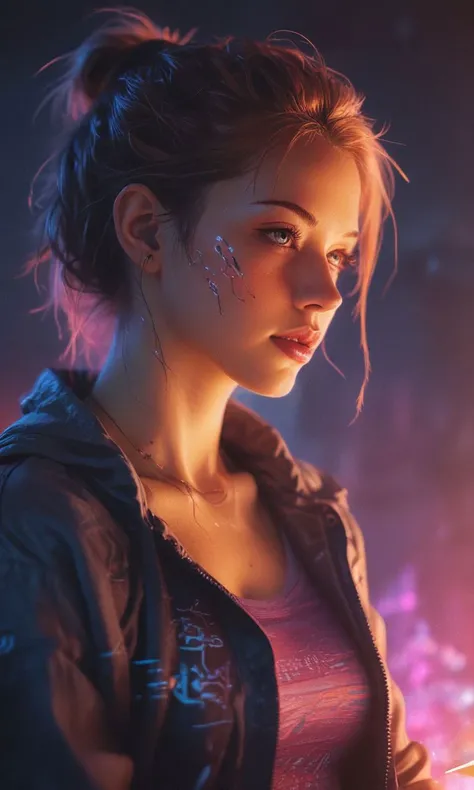 a girl as cyberpunk,suffering,concept art,(the essence of serenity as soft sunlight filters through the delicate fire of extreame strange good dream scene:1.3),Synthwave colors,atmospheric,futuristic,cybernetic,realistic,(intricate details, hyperdetailed:1...