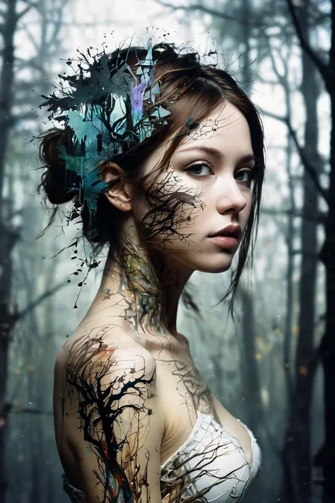 mysterious silhouette forest woman,by Minjae Lee,Carne Griffiths,Emily Kell,Geoffroy Thoorens,Aaron Horkey,Jordan Grimmer,Greg Rutkowski,amazing depth,masterwork,surreal,geometric patterns,intricately detailed,bokeh,perfect balanced,deep fine borders,artis...