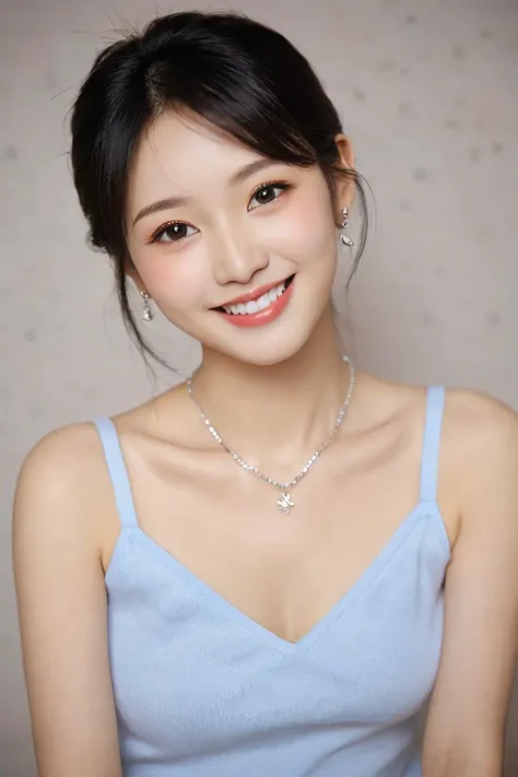 realistic,young Japanese idol 1girl portrait,upper body,black hair,indoors,looking at viewer,simple background,happy smile,jewelry including a necklace and earrings,popular Korean makeup,photorealistic