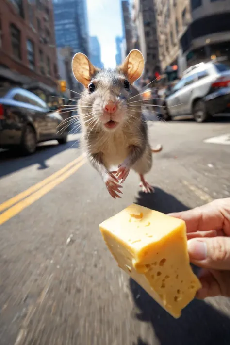 rat holding cheese is (running:1.05) to the viewer, (motion blur:1.1), (police running:1.2), (dynamic:1.1), sun rays, newyork, (taken by go pro:1.3), (taken by 7.5mm fisheye lens:1.1)