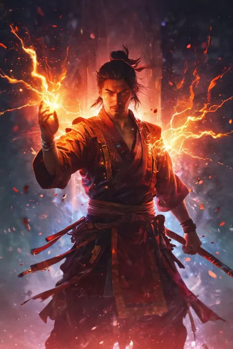 ethereal fantasy concept art of glowneon,glowing samurai emitting sparks and electricity,dark red and orange,glowing eyes,cinematic film still . magnificent, celestial, ethereal, painterly, epic, majestic, magical, fantasy art, cover art, dreamy