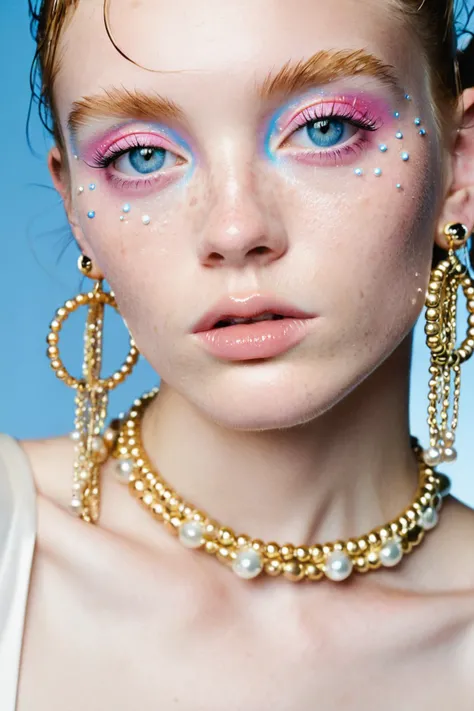 close-up portrait of a young woman with distinctive pink eye makeup, symmetric swirls around eyes, piercing blue eyes, light freckled skin, wet hair, bold statement gold hoop earrings with dangling pearls, asymmetric shoulder dress in off-white, 25 years o...