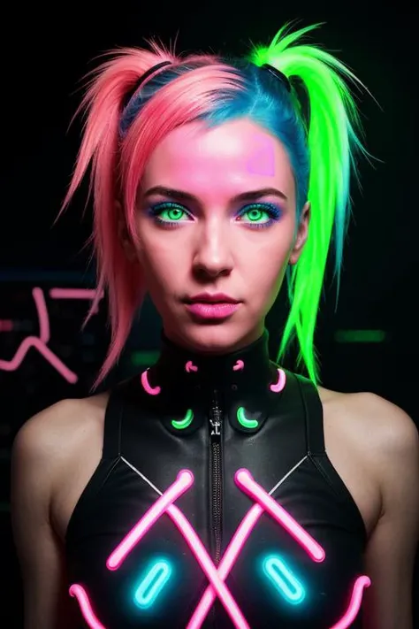 a woman with neon hair and a neon neon dress is looking at the camera with a neon glow on her face, Eve Ryder, neon, cyberpunk art, computer art