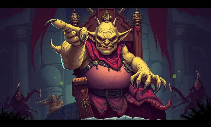 Glitchcore Art Style, retro game art pixel-art. In a medieval setting.
A grotesque, bloated goblin overlord commands from atop a ramshackle throne, its skin mottled and greasy. It points with a crooked finger, directing its minions to attack, while it cack...