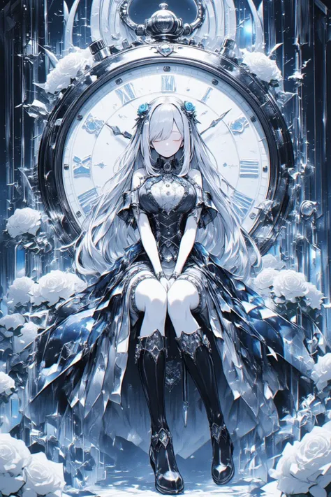 upper body of  a young girl with long silver hair and glowing pale skin sits gracefully in front of a massive silver pocket watch. She wears an ornate deep blue and white dress with crystal accents, high-heeled boots, and a top hat adorned with a blue rose...