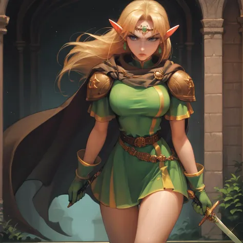 score_9, score_8_up, score_7_up, 1girl, solo, luciadg,, long hair, blue eyes, blonde hair, pointy ears,, armor, circlet, pauldrons, cape, jewelry,  green footwear, green gloves, belt, short dress,  green dress, large breasts, expressiveh, triumphant, deter...